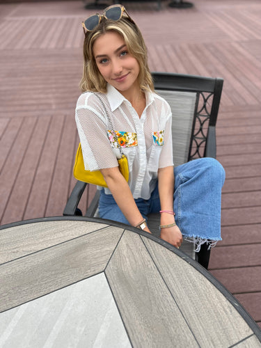 ADULT White Mesh Floral Pocket Top